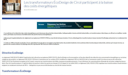 Les transformateurs ÉcoDesign de Circé participent à la baisse des coûts énergétiques