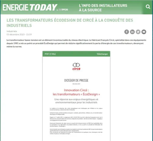 Article Energie Today consacré aux transformateurs EcoDesign Circé