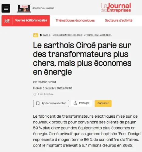 Article Le Journal des Entreprises consacré aux transformateurs EcoDesign Circé