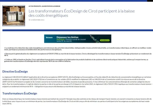 Article Actutem consacré aux transformateurs EcoDesign Circé