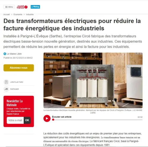 Article Ouest-France consacré aux transformateurs EcoDesign Circé