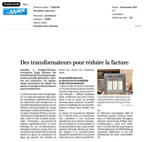 Article Le Maine Libre consacré aux transformateurs EcoDesign Circé