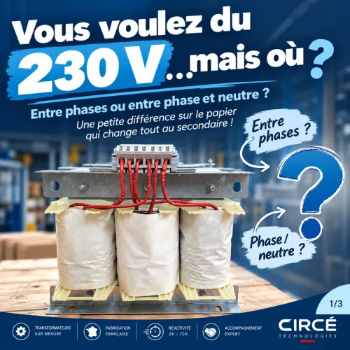Transformateur triphasé Circé : distinguer 230 V entre phases et 230 V entre phase et neutre